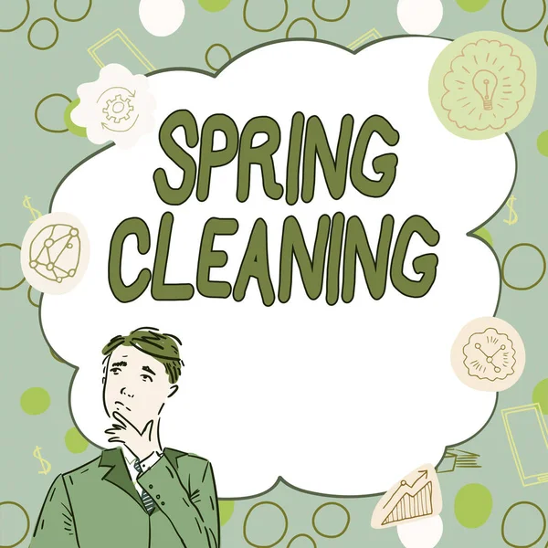 Text showing inspiration Spring Cleaning. Business concept practice of thoroughly cleaning house in the springtime Businessman Innovative Thinking Leading Ideas Towards Stable Future. — Foto de Stock