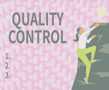 Kavramsal Görünüm Kalite Kontrolü. İş fuarı, standartlar nedeniyle satılan ürün veya servisin kadın tırmanışçı dağ kupası temsilcisi başarısı sayesinde satıldığından emin olur..