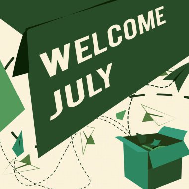 Mesaj işareti Temmuz 'u gösteriyor. İş Konsepti Takvimi Yedinci Ay 31 Gün Üçüncü Çeyrek Yeni Sezon Açık Kutusu Uçan Kağıt Uçaklar Sunar Yeni Özgür Fikirler