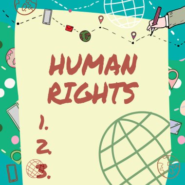 İnsan Hakları metni yazılıyor. İş yaklaşımı Ahlaki İlkeler Normları Law Plain Whiteboard tarafından korunan ve dünya çapında adımlar için el çizimi rehberi çizen bir gösterinin.