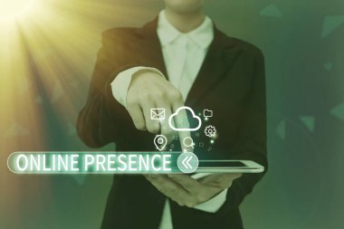 Conceptual caption Online Presence. Business approach existence of someone that can be found via an online search Lady Pressing Screen Of Mobile Phone Showing The Futuristic Technology