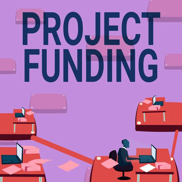 Text showing inspiration Project Funding. Word Written on paying for start up in order make it bigger and successful Male office worker utilizing technology available office supplies. — 스톡 사진