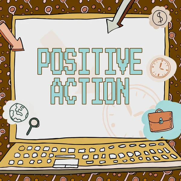 Inspiration showing sign Positive Action. Business overview doing good attitude against certain situation Fine reaction Poster decorated with monetary symbols displaying punctuality of employees. — Stock Fotó