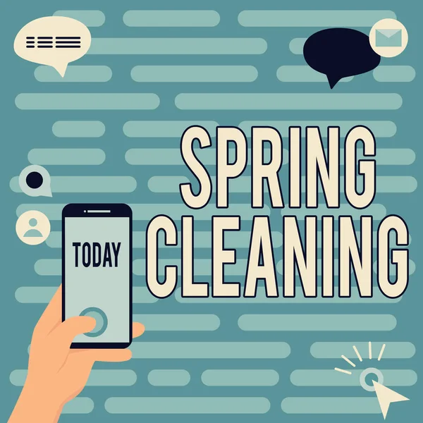 Text showing inspiration Spring Cleaning. Word for practice of thoroughly cleaning house in the springtime Hands Holding Technological Device Pressing Application Button. — Foto de Stock