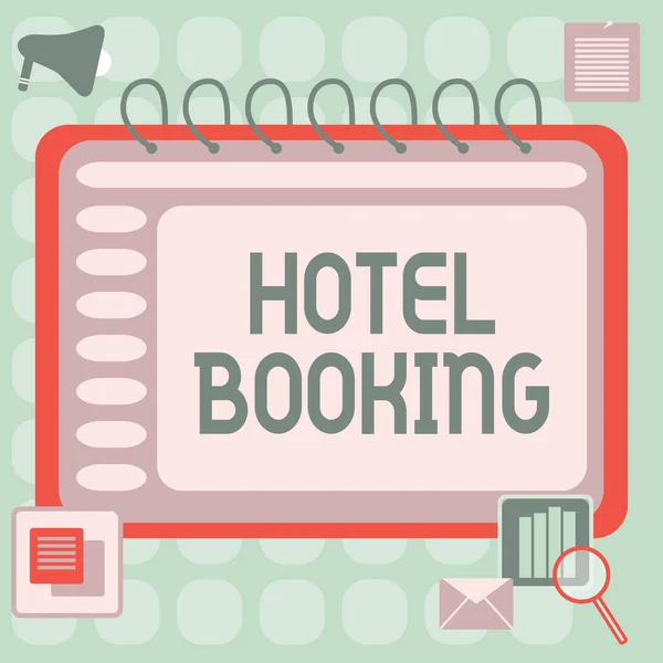 Fogalmi felirat Hotel Booking. Üzleti ötlet Online foglalás Elnöki lakosztály De Luxe Vendéglátás Üres Nyílt Spirál Notebook egy kalkulátor és egy toll az asztalon. — Stock Fotó