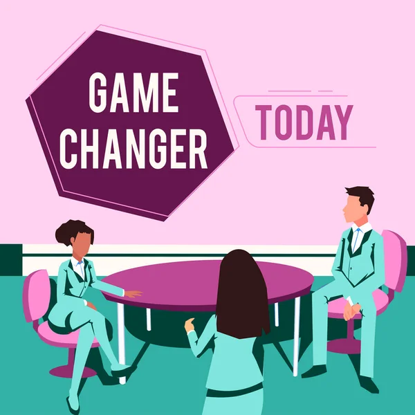 Oyun Değiştirici işaretini gösteren ilham. İş konsepti Sports Data Scorekeeper Gamestream Canlı Skorlar Takım Yöneticileri Toplantısı yapıyor proje fikirlerini sunuyorlar takım çalışmasını başarıyorlar.