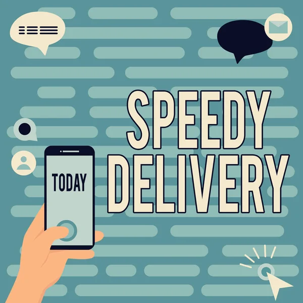 Inspiration visar tecken Speedy Delivery. Begreppet mening ger produkter på snabbt sätt eller samma dag sjöfarten utomlands Hands Holding Teknisk Enhet Pressning Ansökan Knapp. — Stockfoto