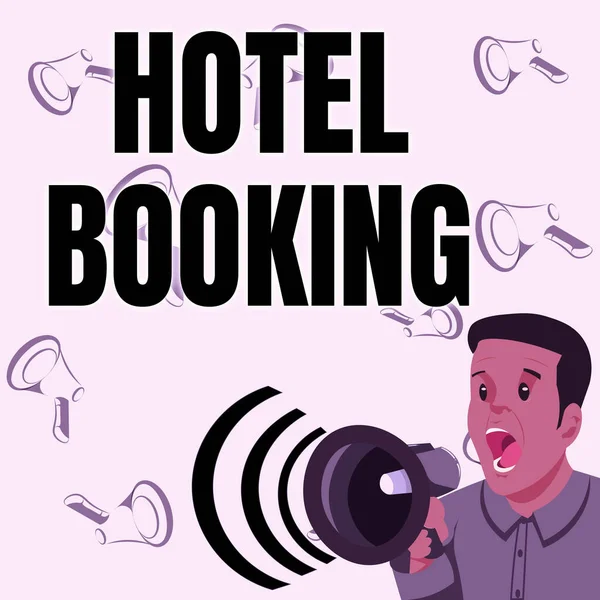 Writing displaying text Hotel Booking. Conceptual photo Online Reservations Presidential Suite De Luxe Hospitality Businessman Talking Through Megaphone Making Wonderful New Announcement — Stock Fotó