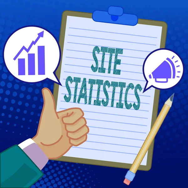 Text sign showing Site Statistics. Conceptual photo measurement of behavior of visitors to certain website Hands Thumbs Up Showing New Ideas. Palms Carrying Note Presenting Plans — Foto Stock