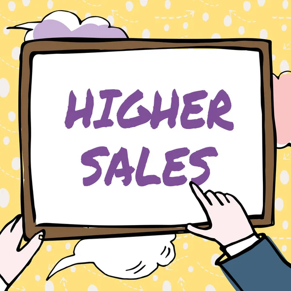 Text sign showing Higher Sales. Business showcase The average sold products and services of a company has grown Hands Holding Paper Showing New Ideas Surrounded With Stars. — Stockfoto