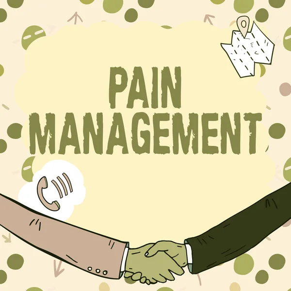 Text caption presenting Pain Management. Business idea a branch of medicine employing an interdisciplinary approach Empty frame decorated with communication symbols represent business meeting — Photo