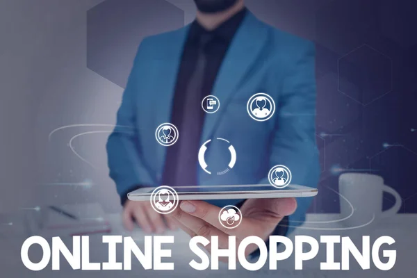 Writing displaying text Online Shopping. Conceptual photo allows consumers to buy their goods over the Internet Businessman in suit holding tablet symbolizing successful teamwork. — Stockfoto