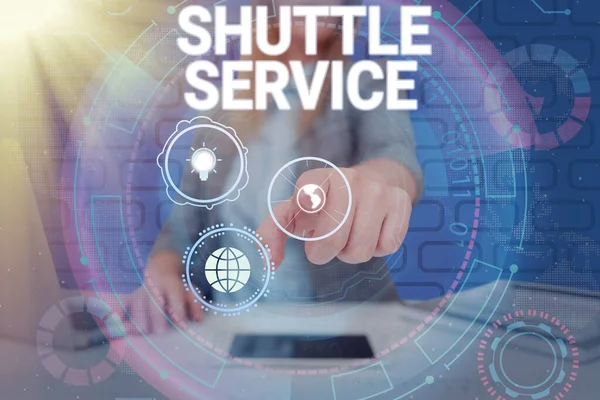 Text caption presenting Shuttle Service. Business showcase vehicles like buses travel frequently between two places Lady in suit pointing finger represents global innovative thinking. — Stockfoto