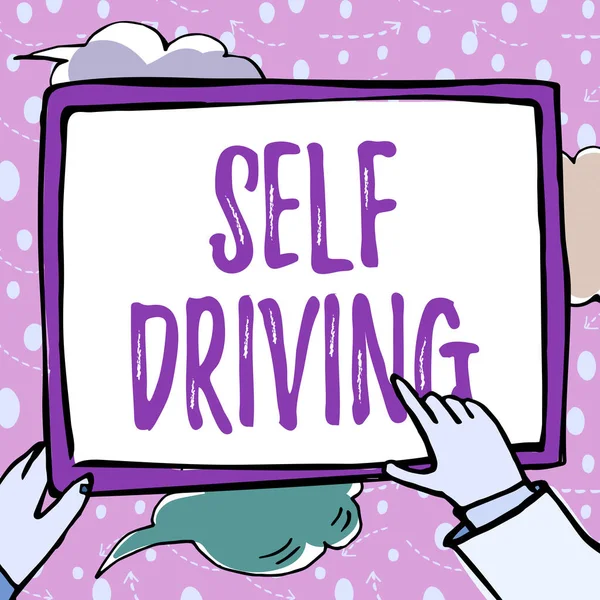 Sign displaying Self Driving. Business idea Autonomous vehicle Ability to navigate without human input Hands Holding Paper Showing New Ideas Surrounded With Stars. — Foto de Stock