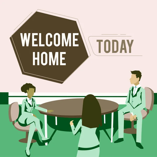 Bildunterschrift: Welcome Home. Word Written on Expression Greetings New Owners Domicile Doormat Entry Kollegen, die sich treffen, um Projektideen zu präsentieren und Teamwork zu erreichen. — Stockfoto