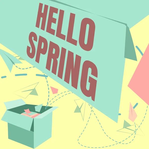 Sign displaying Hello Spring. Business showcase Welcoming the season after the winter Blossoming of flowers Open Box With Flying Paper Planes Presenting New Free Ideas — Stockfoto
