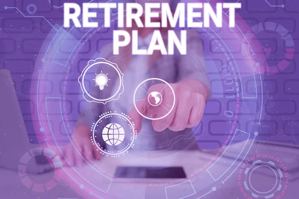 Conceptual display Retirement Plan. Business approach saving money in order to use it when you quit working Lady in suit pointing finger represents global innovative thinking. — Fotografia de Stock
