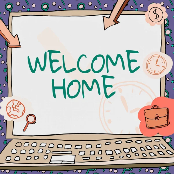 Bildunterschrift: Willkommen zu Hause. Word Written on Expression Greetings New Owners Domicile Doormat Entry Poster verziert mit monetären Symbolen, die die Pünktlichkeit der Mitarbeiter zeigen. — Stockfoto