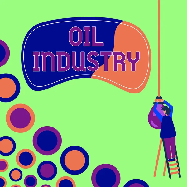 Text caption presenting Oil Industry. Concept meaning Exploration Extraction Refining Marketing petroleum products Businessman Standing Ladder Fixing Light Bulb Generating New Futuristic Ideas. — Foto de Stock