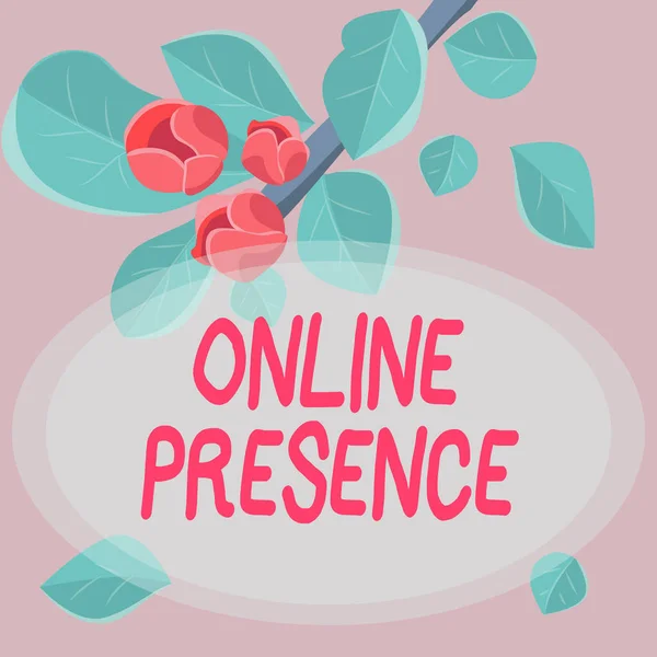 Text sign showing Online Presence. Business idea existence of someone that can be found via an online search Frame Decorated With Colorful Flowers And Foliage Arranged Harmoniously. — ストック写真