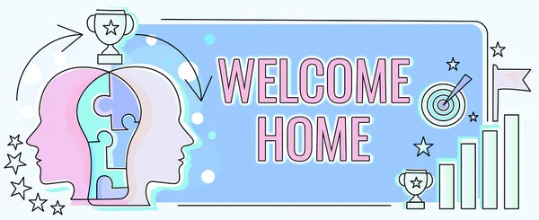 Writing displaying text Welcome Home. Concept meaning Expression Greetings New Owners Domicile Doormat Entry Two Heads Connected Puzzle Showing Solving Problems And Sharing Success — Stok fotoğraf