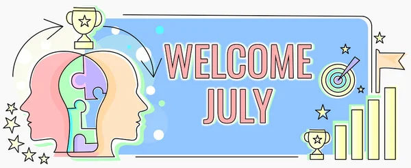 Text showing inspiration Welcome July. Business concept Calendar Seventh Month 31days Third Quarter New Season Two Heads Connected Puzzle Showing Solving Problems And Sharing Success — Photo