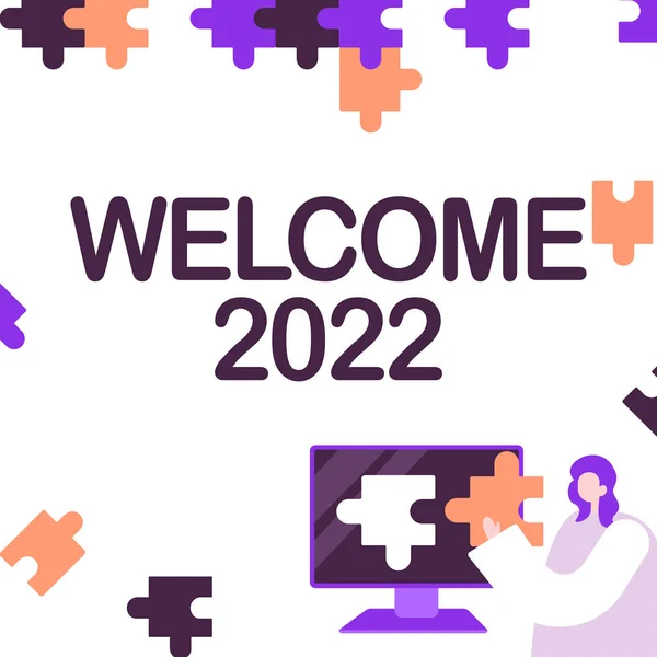Sign displaying Welcome 2022. Word Written on New Year Celebration Motivation to Start Cheers Congratulations Lady Holding Puzzle Piece Representing Innovative Problem Solving Ideas. — Stock fotografie