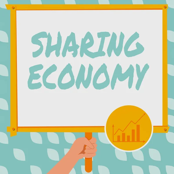 Conceptual display Sharing Economy. Concept meaning economic model based on providing access to goods Hand Holding Panel Board Displaying Latest Financial Growth Strategies. — ストック写真