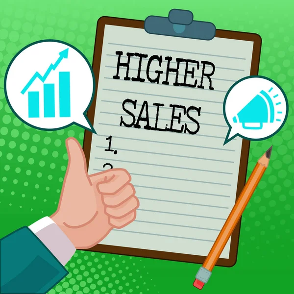 Sign displaying Higher Sales. Concept meaning The average sold products and services of a company has grown Hands Thumbs Up Showing New Ideas. Palms Carrying Note Presenting Plans — Foto Stock