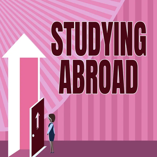 Text caption presenting Studying Abroad. Business idea learn outside of home in foreign country Travelling Lady Standing Front Of Door Opening New Opportunities For Success. — ストック写真