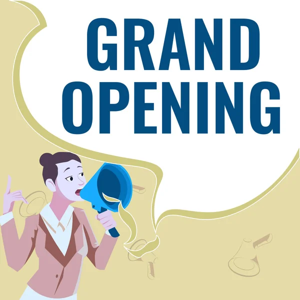 Tekst met inspiratie Grand Opening. Bedrijfsconcept Ribbon Cutting New Business Eerste officiële dag Lancering Vrouwelijke leider met een megafoon die bemoedigende ideeën uitdrukt. — Stockfoto