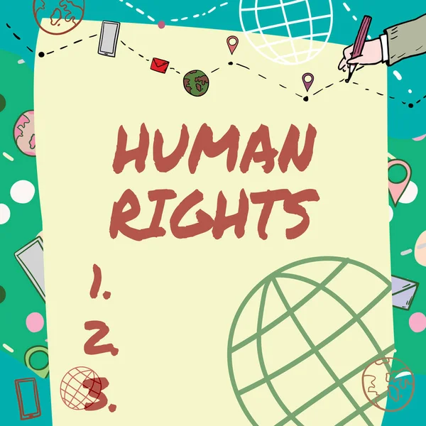 Writing displaying text Human Rights. Business approach Moral Principles Standards Norms of a showing protected by Law Plain Whiteboard With Hand Drawing Guide Line For Steps Over World Globe. — Stok fotoğraf