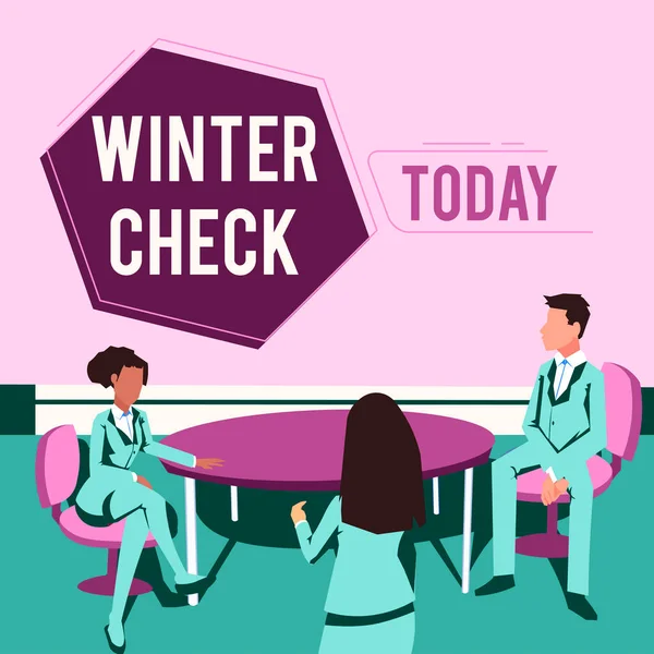 Hand writing sign Winter Check. Business approach Coldest Season Maintenance Preparedness Snow Shovel Hiemal Colleagues having meeting presenting project ideas achieving teamwork. — Foto Stock