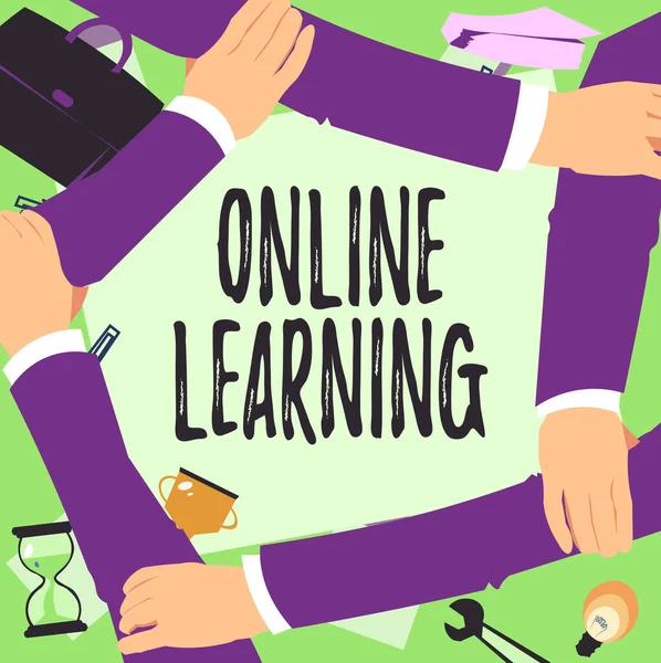 Writing displaying text Online Learning. Word Written on Larning with the assistance of the Internet and a computer Four Hands Drawing Holding Arm Together Showing Connection Symbol. — Stock Fotó