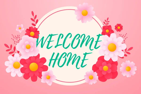 Κείμενο που δείχνει έμπνευση Welcome Home. Internet Concept Εκφραση Χαιρετισμοι Νέοι Ιδιοκτήτες Domicile Dormat Πλαίσιο Εισόδου Διακοσμημένο με Πολύχρωμα Λουλούδια Και Φυλλώματα Εναρμονισμένα. — Φωτογραφία Αρχείου