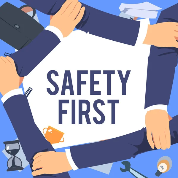 Conceptual display Safety First. Word Written on Avoid any unnecessary risk Live Safely Be Careful Pay attention Four Hands Drawing Holding Arm Together Showing Connection Symbol. — Zdjęcie stockowe
