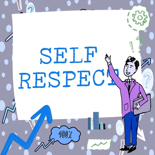 Conceptual caption Self Respect. Conceptual photo Pride and confidence in oneself Stand up for yourself Gentleman Drawing Standing Pointing Finger In Blank Whiteboard. — Stockfoto