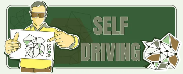 Text showing inspiration Self Driving. Concept meaning Autonomous vehicle Ability to navigate without human input Man holding paper showing creative strategy plans achieving goals. — Stockfoto