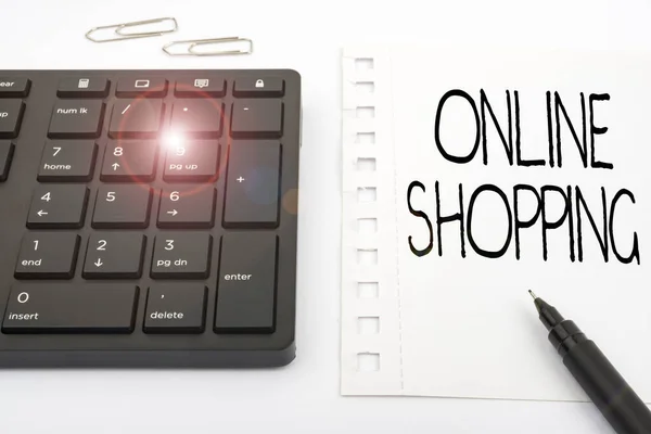 Text sign showing Online Shopping. Internet Concept allows consumers to buy their goods over the Internet Computer Keyboard And Symbol.Information Medium For Communication. — Stockfoto