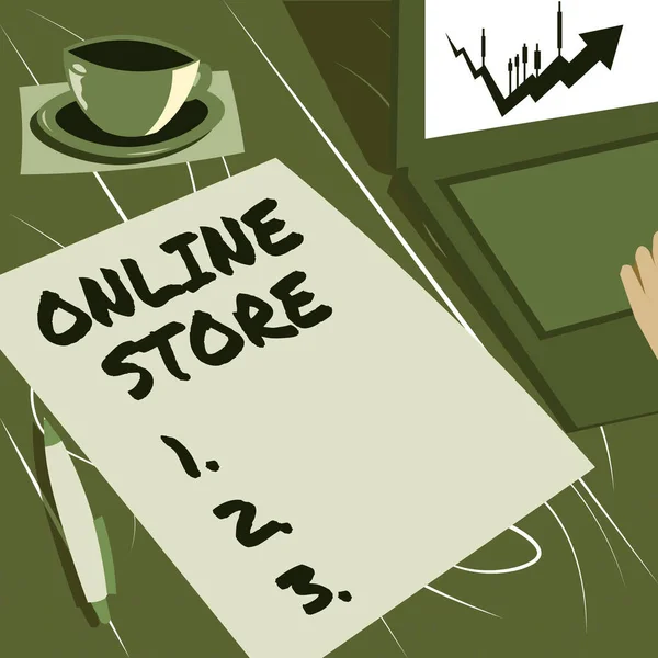 Ručně psané znamení Online Store. Obchodní vitrína Webové stránky, které nabízí položky k prodeji a přijímat kreditní karty Laptop odpočinku vedle hrnku kávy a prostý list Zobrazovací pracovní proces. — Stock fotografie