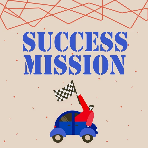 Handwriting text Success Mission. Concept meaning getting job done in perfect way with no mistakes Task made Businessman Waving Banner From Vehicle Racing Towards Successful Future. — Zdjęcie stockowe
