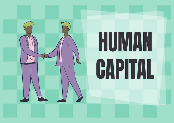 Texto que presenta Capital Humano. Visión general del negocio Recursos colectivos intangibles Competencia Capital Educación Dos colegas estrechando la mano felicitando al exitoso trabajo en equipo. — Foto de Stock