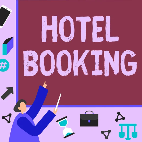 Fogalmi felirat Hotel Booking. Üzleti ötlet Online foglalás Elnöki lakosztály De Luxe Vendéglátás Üzletember ujjal mutogatás Board Képviselet Tervezési projektek. — Stock Fotó