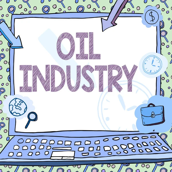 Writing displaying text Oil Industry. Word for Exploration Extraction Refining Marketing petroleum products Poster decorated with monetary symbols displaying punctuality of employees. — Foto de Stock