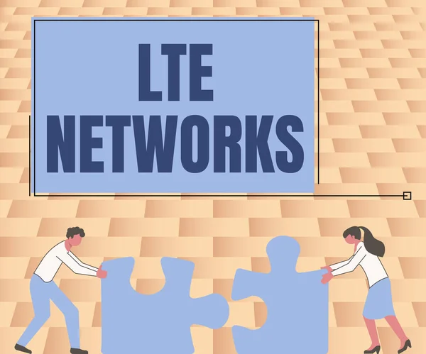 Sign displaying Lte Networks. Word for Fastest network connection available for wireless communication Colleagues Conencting Two Pieces Jigsaw Puzzle Together Showing Teamwork. — Stok fotoğraf