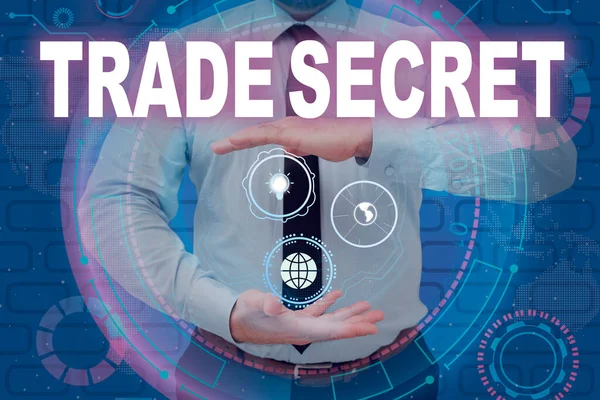 Metin Ticaret Sırrı gösterimi yazılıyor. İş konsepti Fikri mülkiyet sahibi bir iş adamı hakkında gizli bilgiler. Takım elbiseli iş adamı, yenilikçi bir düşünceyi temsil ediyor..