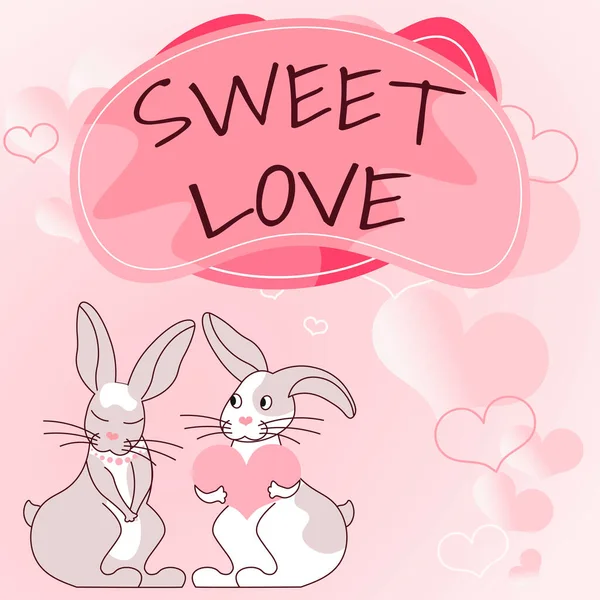 Text showing inspiration SWEET LOVE. Business overview Title for beloved person Happy Valentines Day Bunnies with heart shaped gifts demonstrate passionate lovers with presents — Stockfoto