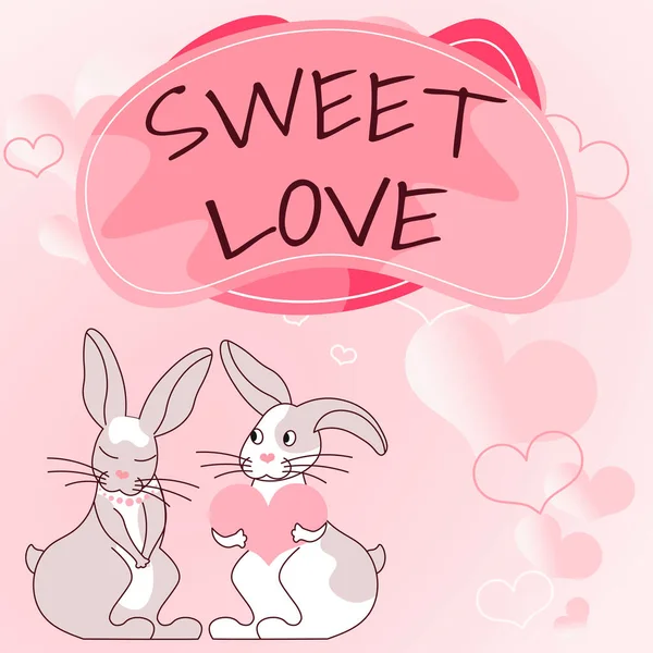 Text ukazující inspiraci SWEET LOVE. Obchodní přehled Název pro milovanou osobu Happy Valentines Day Bunnies with heart shaped gifts show passionate lovers with presents — Stock fotografie