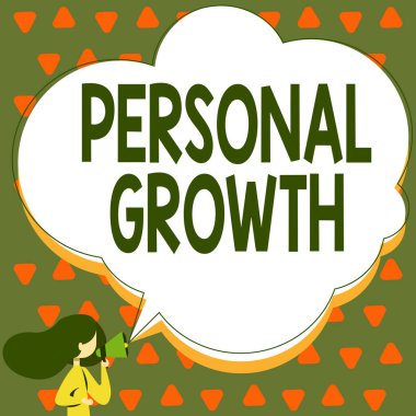 El yazısı tabelası Kişisel Büyüme. İş fikri becerilerinizi geliştirir. Megafonla konuşan yeni malzemeler öğrenin. Konuşma baloncuğuyla duyuru yapın..