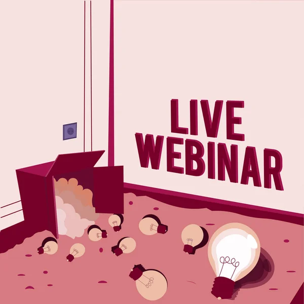 Text showing inspiration Live Webinar. Business concept Interactive seminar transmitted over the web Real Time Light bulbs spilled out box symbolizing innovative thinking. — Stock Photo, Image